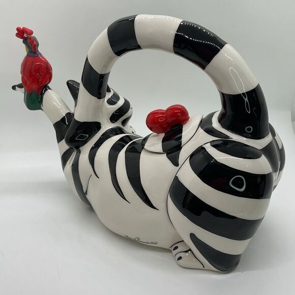 Blue Sky Clancy Heart Striped Cat Teapot with Parrot Accent - Picture 8 of 9